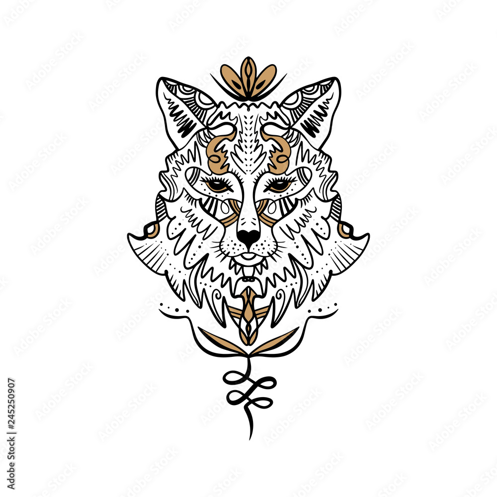 Obraz premium Totem wolf or fox, boho hippie illustration for sketches of tattoos. Northen style, sticker. Antistress art