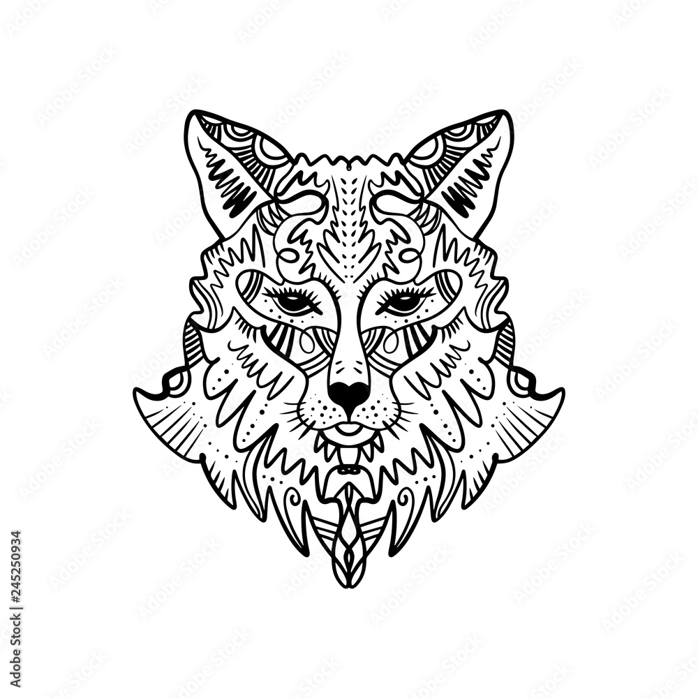 Fototapeta premium Totem wolf or fox, boho hippie illustration for sketches of tattoos. Northen style, sticker. Antistress art