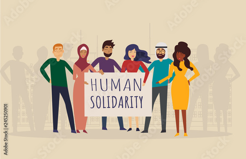 International human solidarity day concept diverse friend group from different cultures hugging together for community help, social equality. Gray background with big city. Vector illustration.