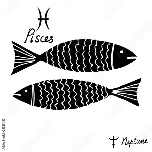 Hand drawn zodiac constellations symbol and sign Pisces, Neptune illustration picture planet and symbol written name. Usable for mystic occult palmistry and witchcraft alchemy. Vector