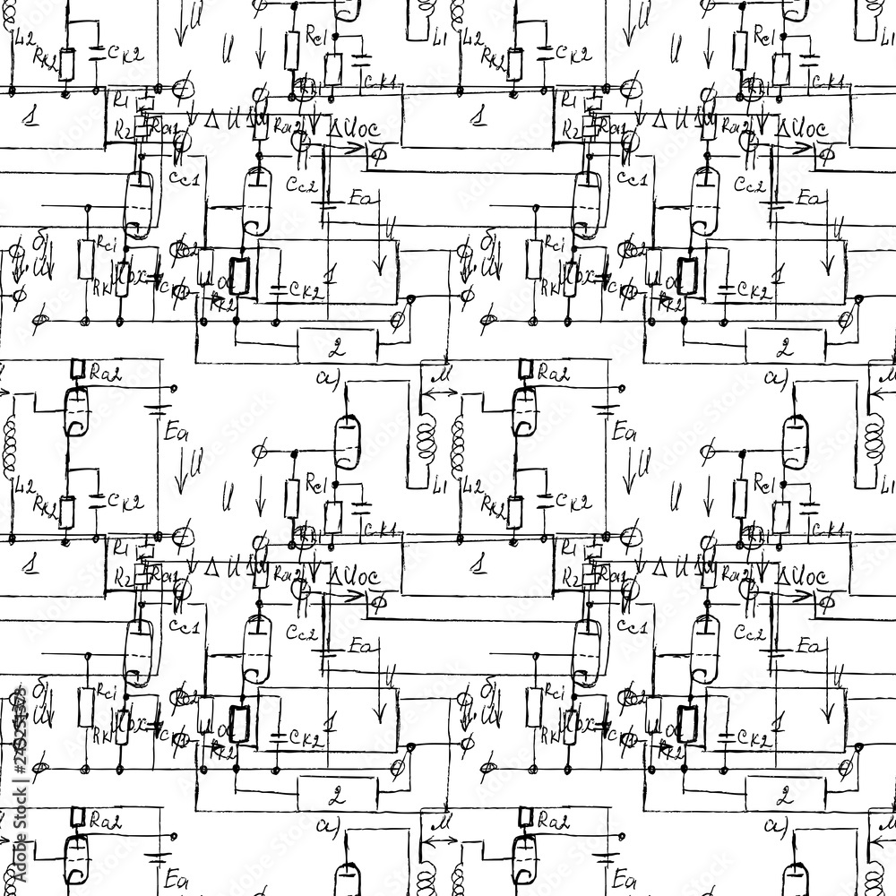 Scientific seamless texture with handwritten formulas and electronic components. Physics and schematic diagram and circuit of  the devices. Vector.