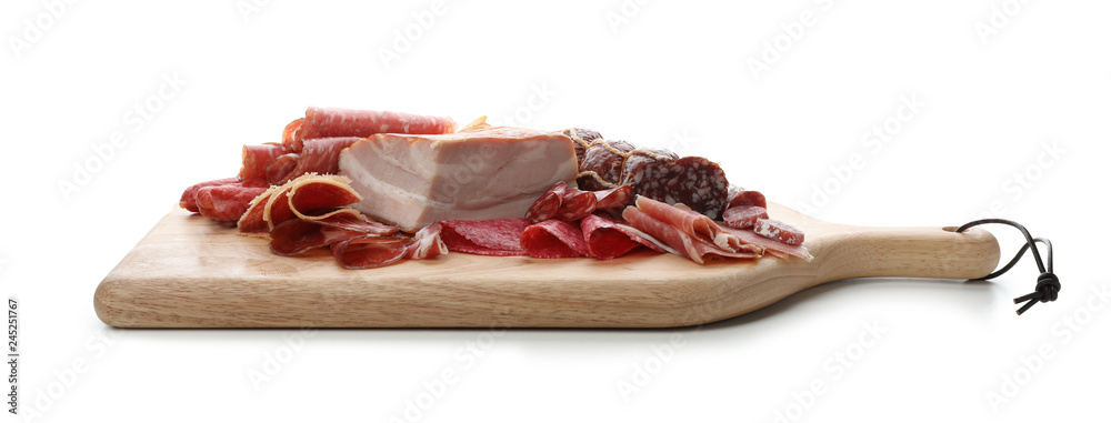 Cutting board with different meat delicacies on white background Cutting board with different meat delicacies on white background