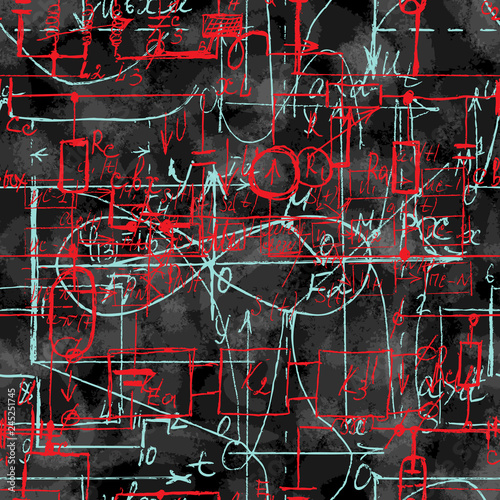 Scientific seamless background with handwritten mathematical and physical formulas, electronic components, schematic diagram and circuit of  the devices. Electrician pattern on chalk boards. Vector.