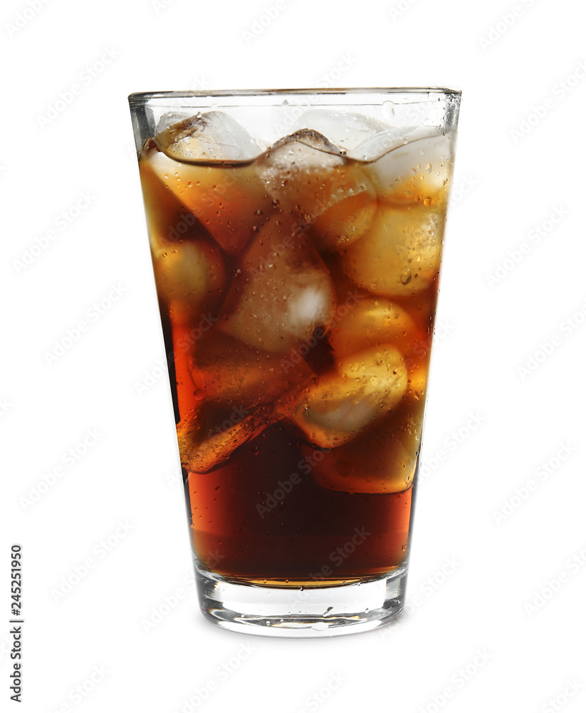 Glass of refreshing cola with ice cubes on white background