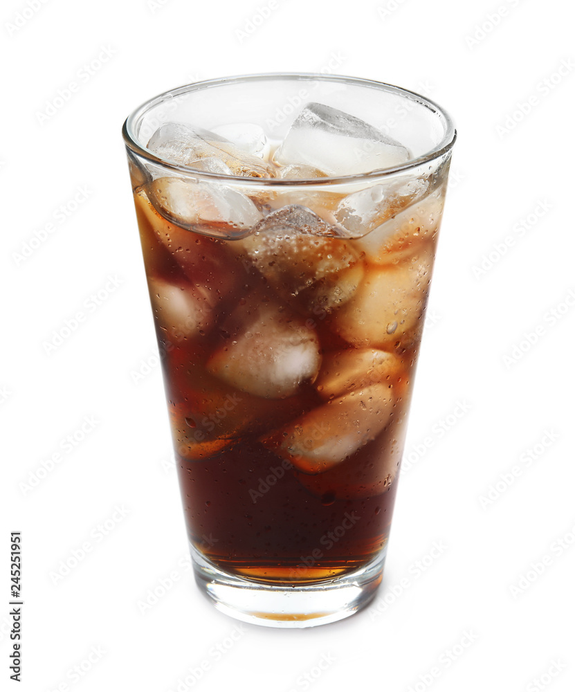 Glass of refreshing cola with ice cubes on white background Glass of refreshing cola with ice cubes on white background