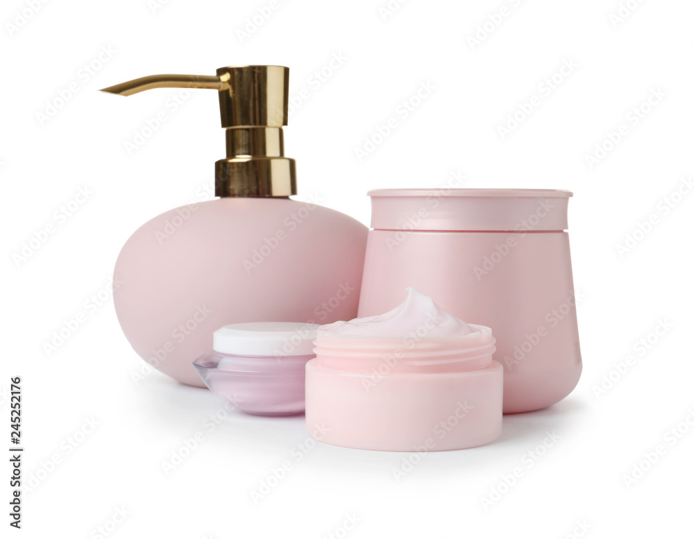 Different body care products on white background Different body care products on white background