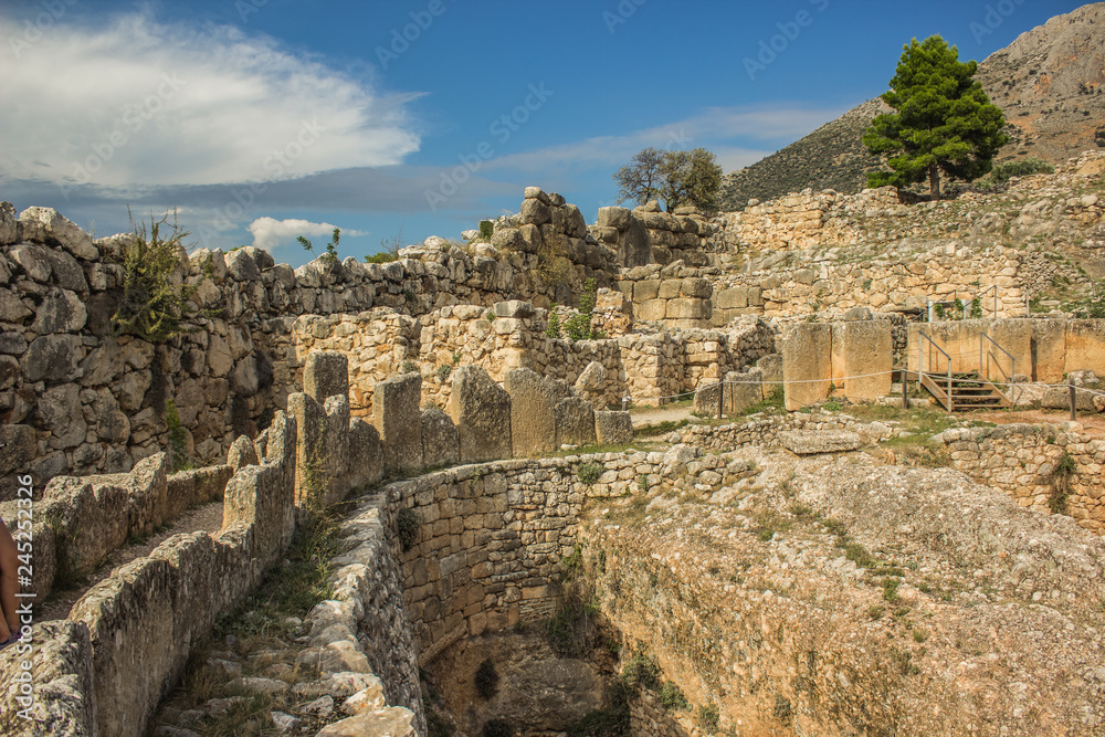 archeological touristic world famous heritage site of abandoned destryed city from ancient Greece times in Peloponnese half island in south Europe
