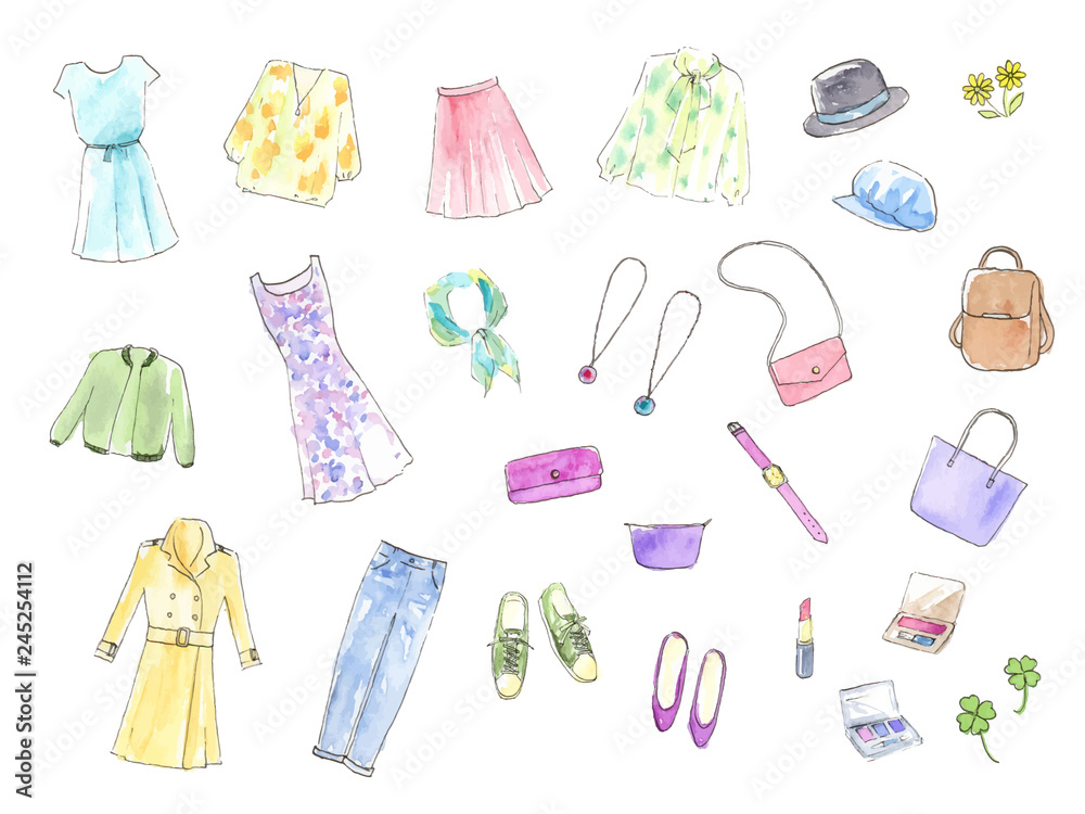 ファッション 小物 手描き水彩イラスト Stock ベクター Adobe Stock