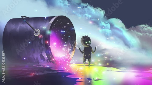 fantasy concept showing a big bucket lying on surface and a cute creature standing on puddle of colorful paint, digital art style