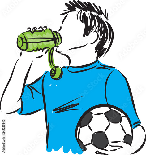 boy with soccer ball drinking water illustration