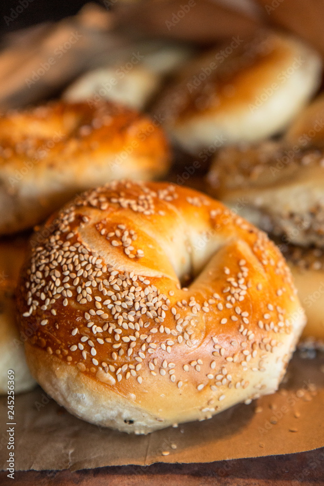 Assortment of authentic fresh baked New York style bagels with seeds Assortment of authentic fresh baked New York style bagels with seeds