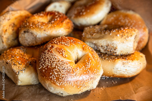 Assortment of authentic fresh baked New York style bagels with seeds
