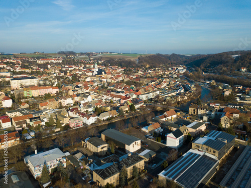 The city Roßwein and the Freiberger Mulde river in Central Saxony from above / Saxony, Germany