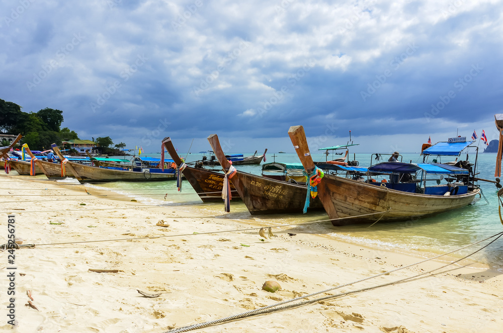 Traditional longtail boats on the beach