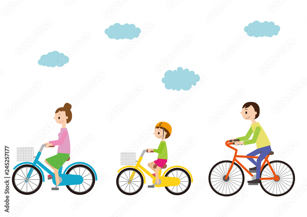 前を向いて自転車に乗る、父母と子ども