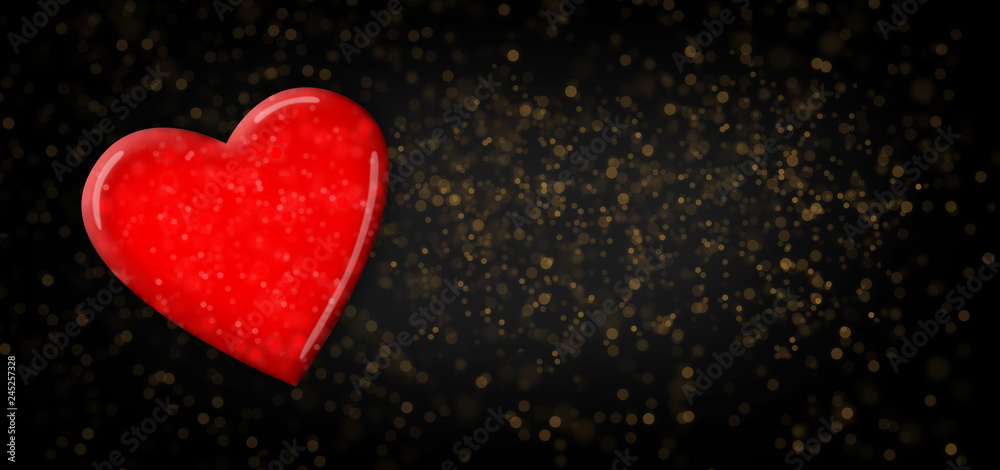 Obraz premium Red heart on black sparkling background/panorama