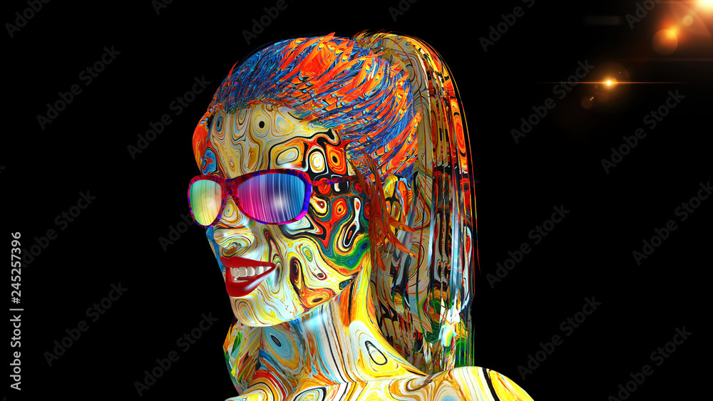Naklejka premium Colorful girl with glasses, woman’s head with face covered in paint and long hair isolated on black background, 3D rendering
