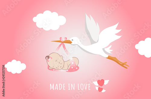 Cute cartoon stork and baby. Vector illustration of a flying bird carrying a newborn kid isolated on a blue background