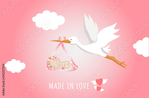 Cute cartoon stork and baby. Vector illustration of a flying bird carrying a newborn kid isolated on a blue background