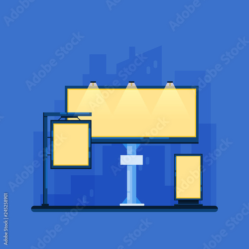 Street advertising concept. Glowing blank billboards set on night cityscape background. Vector flat illustration