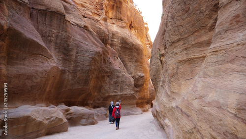 The Siq gorge is the entrance to the ancient Nabatean city of Petra in Jordan. The Siq ends in the Treasure ravine facade. Petra Jordan 1st February 2018