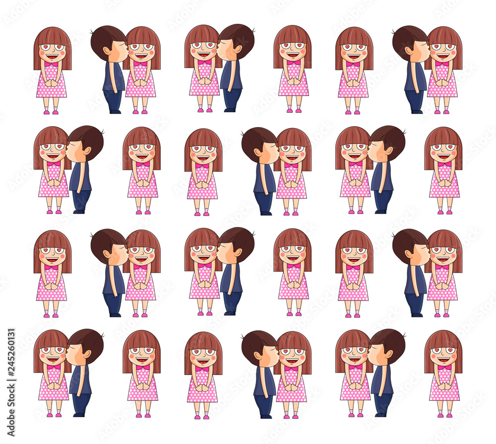 Boy kissing girl. Valentine pattern cute little girl in love. Romantic vector illustration. Vector illustration in a cartoon style. Boy kissing girl. Valentine pattern cute little girl in love. Romantic vector illustration. Vector illustration in a cartoon style.