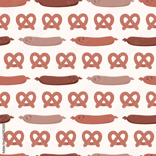 Cute vector pretzel cartoon and german sausage with smiling face. Seamless repeating pattern illustration. Hand drawn kawaii food for kitchen foodie blog, germany oktoberfest restaurant background.
