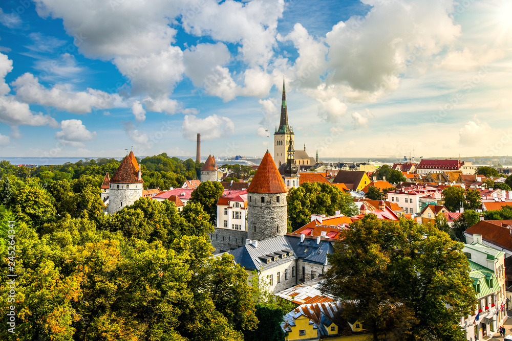 Afternoon view overlooking the medieval walled city of Tallinn Estonia on an early autumn day in the Baltics region of Northern Europe.