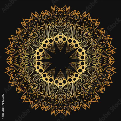 Luxury golden color Hand-Drawn Henna Ethnic Mandala. Circle lace ornament. Vector illustration. for coloring book, greeting card, invitation, tattoo. Anti-stress therapy pattern.