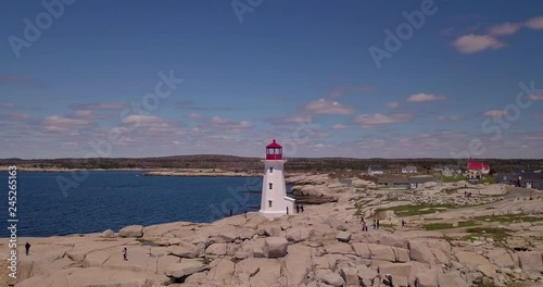 The iconic landmark of Peggy's Cove Lighthouse in Nova Scotia, Canada on a picturesque sunny day
