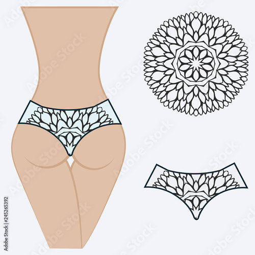 Fashionable design of women's swimming trunks. vector illustration. with a circular floral pattern