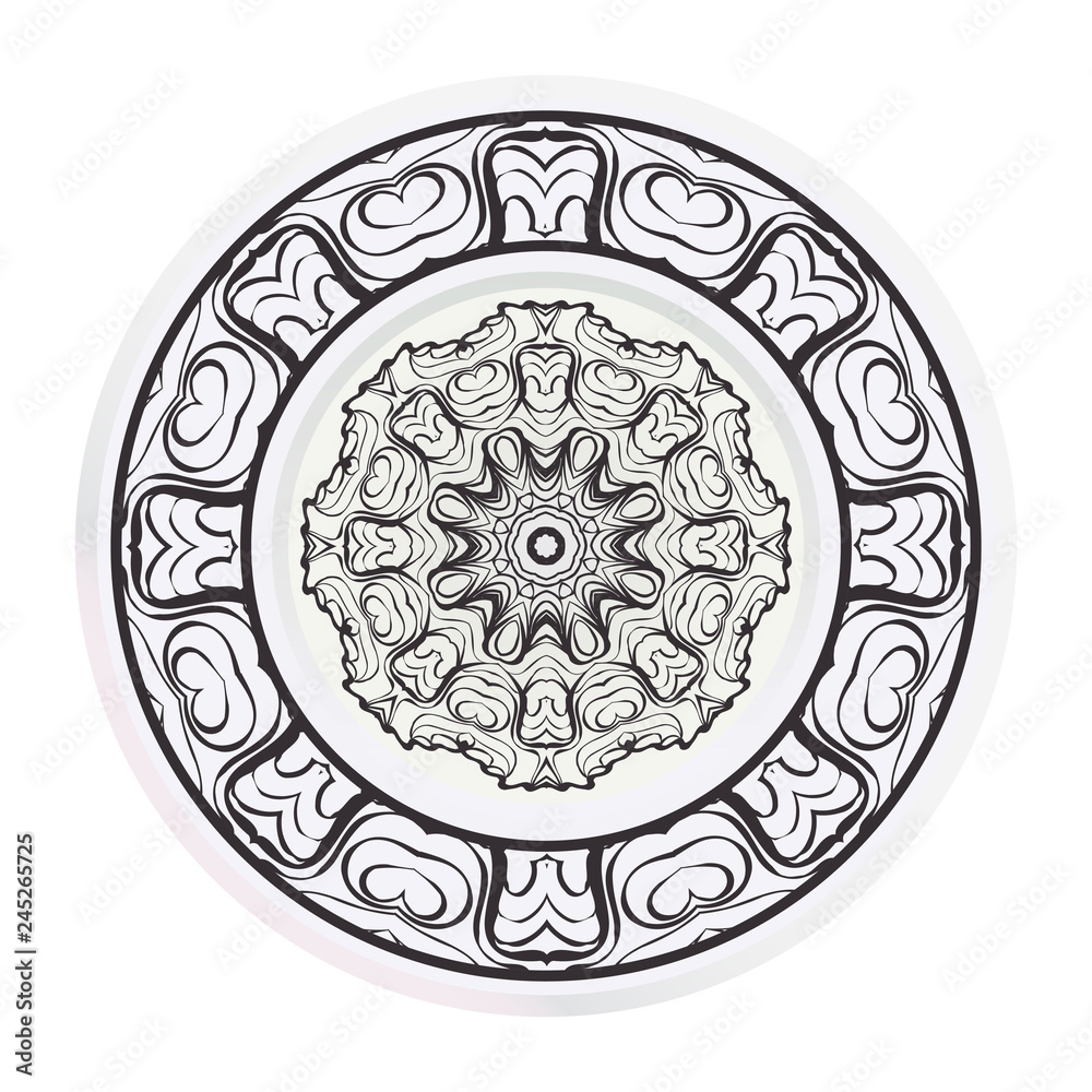 decorative plates for interior design. Empty dish, porcelain plate mock up design. Vector illustration. Decorative plates with Mandala ornament patterns. Home decor background