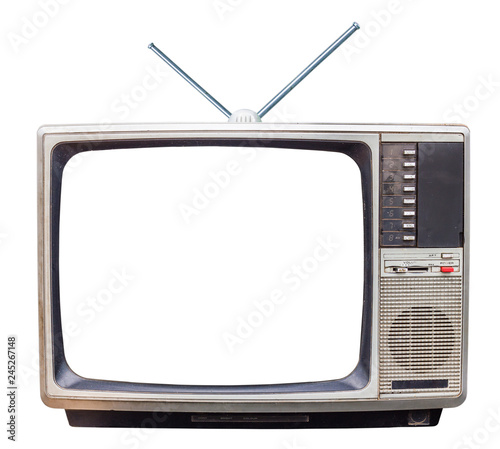 classic vintage retro Style old  television with cut out screen,old  television with old tv antennaon isolated background. photo
