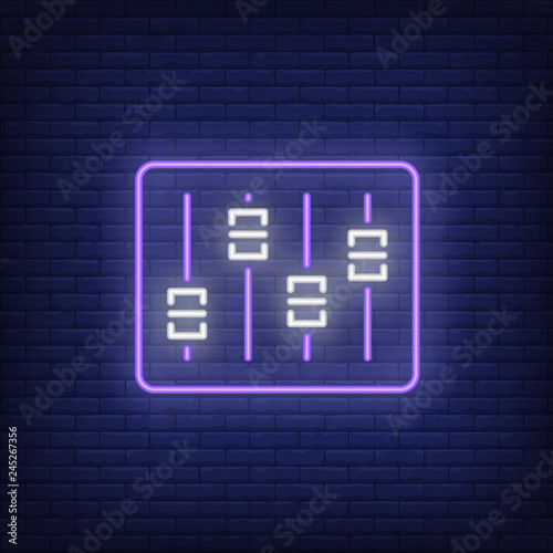 Audio console neon sign. Luminous signboard with faders on control desk. Night bright advertisement. Vector illustration in neon style for record studio, production, music