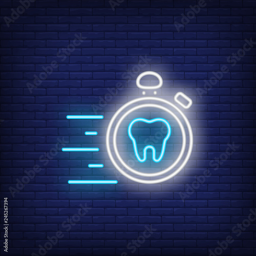 Emergency dental care neon sign. Luminous signboard with tooth and stopwatch. Night bright advertisement. Vector illustration in neon style for commercial, dentistry, clinic