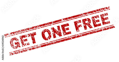 GET ONE FREE seal imprint with grunge style. Red vector rubber print of GET ONE FREE text with grunge texture. Text title is placed between double parallel lines.