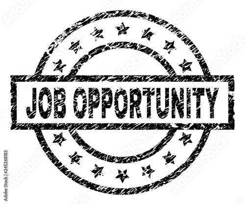 JOB OPPORTUNITY stamp seal watermark with distress style. Designed with rectangle, circles and stars. Black vector rubber print of JOB OPPORTUNITY tag with unclean texture.