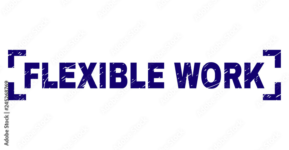 FLEXIBLE WORK text seal print with distress texture. Text caption is placed between corners. Blue vector rubber print of FLEXIBLE WORK with scratched texture.