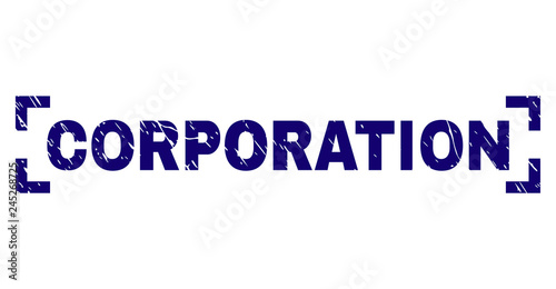 CORPORATION text seal print with grunge texture. Text tag is placed between corners. Blue vector rubber print of CORPORATION with unclean texture.