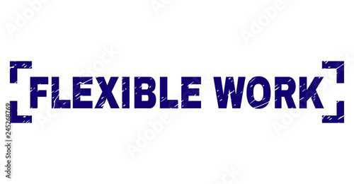FLEXIBLE WORK text seal print with distress texture. Text caption is placed between corners. Blue vector rubber print of FLEXIBLE WORK with scratched texture.
