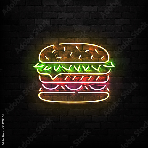 Vector realistic isolated neon sign of Burger logo for template decoration and covering on the wall background. Concept of fast food, cafe and restaurant.