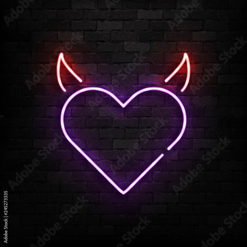 Vector realistic isolated neon sign of Heart with Devil horns logo for template decoration and layout covering on the wall background. Concept of Happy Valentines Day.