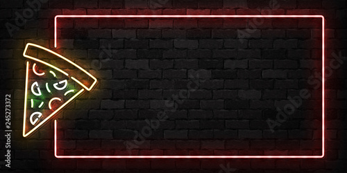 Vector realistic isolated neon sign of Pizza frame logo for decoration and covering on the wall background. Concept of restaurant, cafe and italian food.