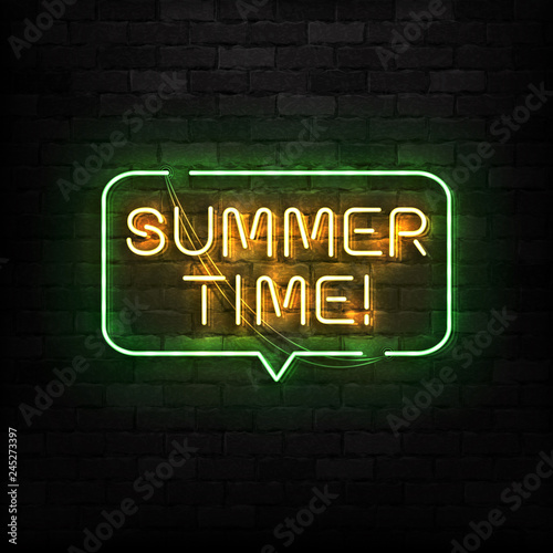 Vector realistic isolated neon sign of Summer Time logo for template decoration and layout covering on the wall background.