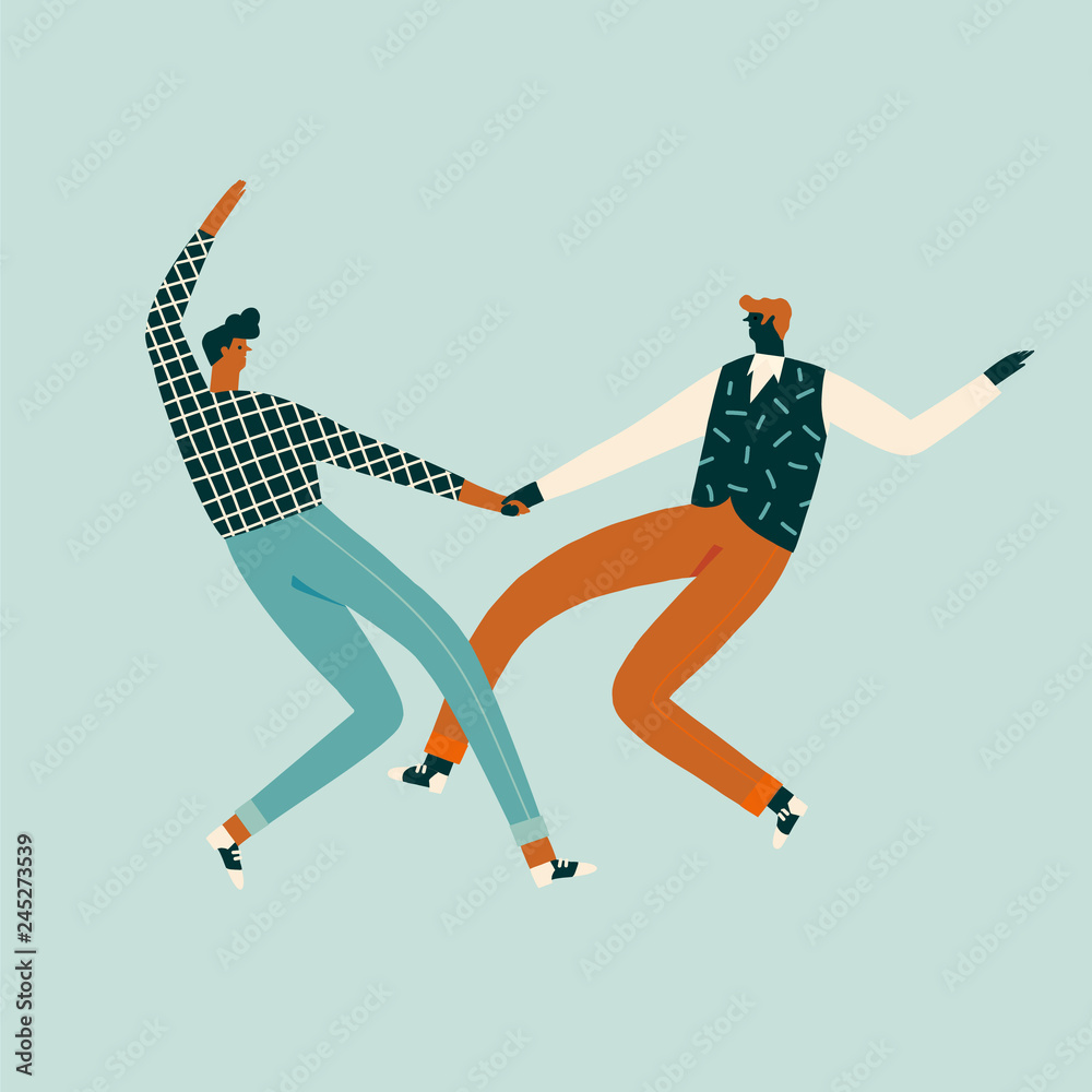 Obraz premium Dancing characters couple card in retro 50s style illustration.