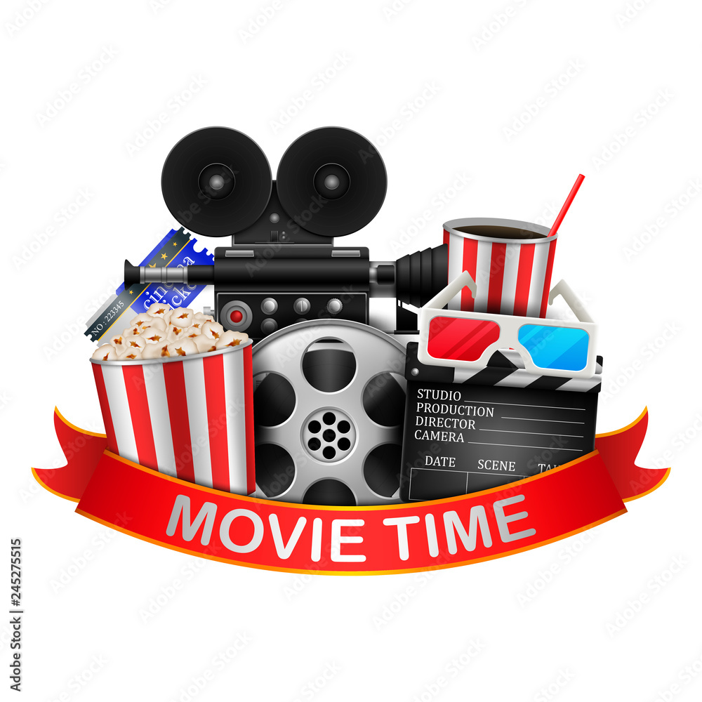 Cinema and Movie time with film reel, popcorn, paper cup, 3d