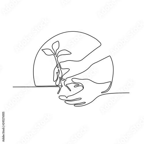 Continuous line illustration of a hand planting a tree seedling set inside circle shape done in monoline style in black and white.