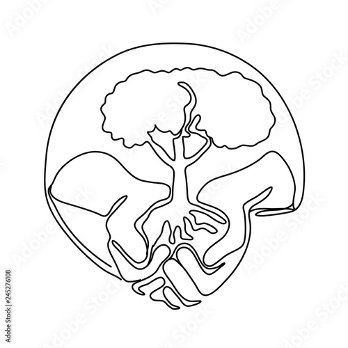 Continuous line illustration of a hand holding a tree on palm of hand set inside oval shape done in monoline style black and white.