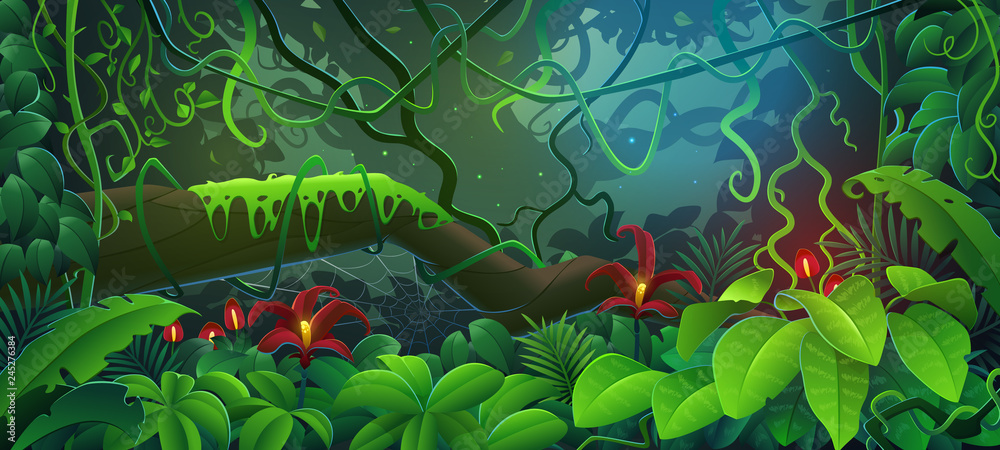 Obraz premium Dżungla. Ilustracja wektorowa kreskówka dżungli tropikalnych lasów deszczowych.