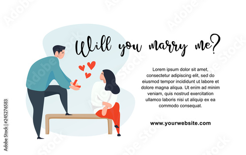 Will you marry me text with cute couple in love character for valentine's day banner design vector illustration
